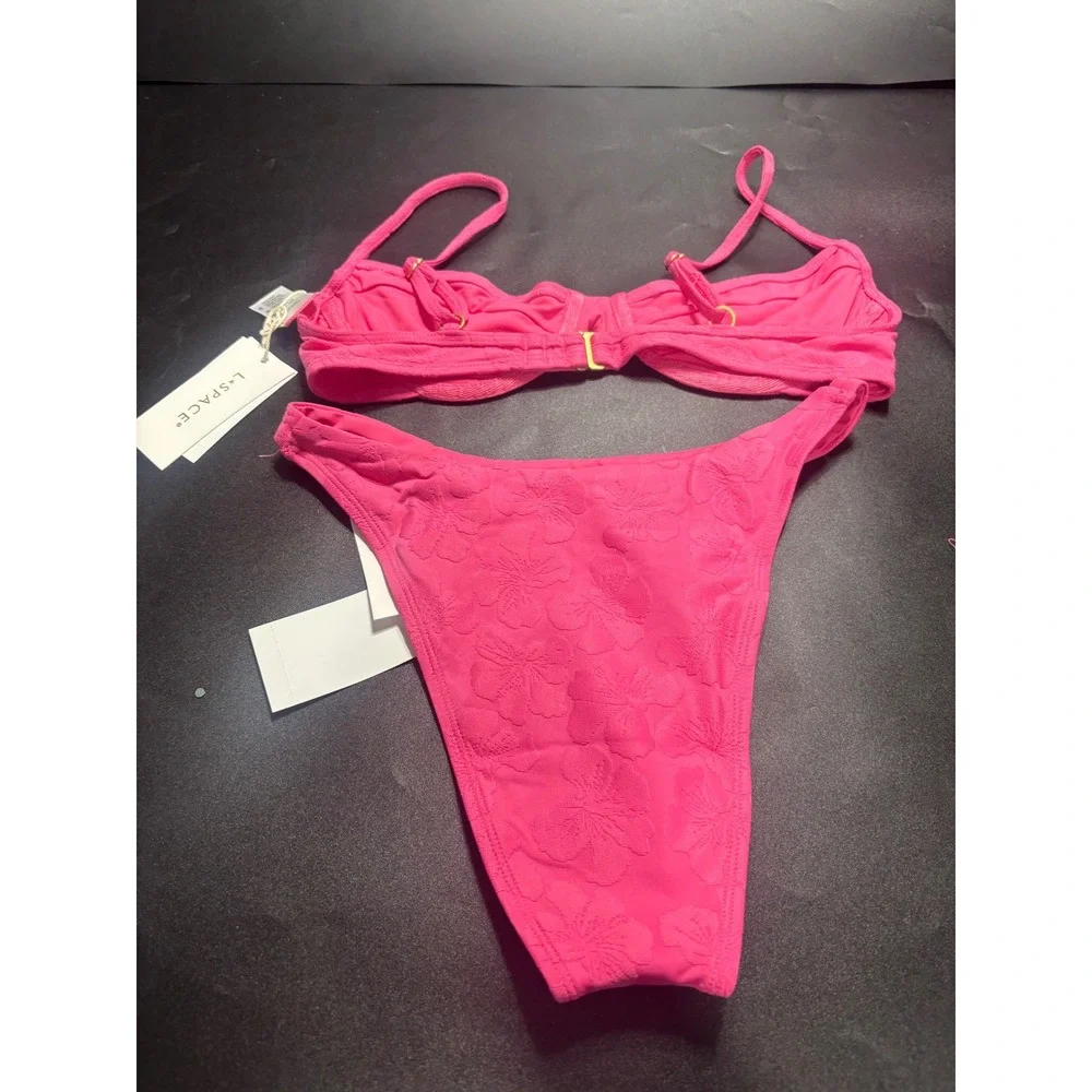 L*Space Missy Top Leilani Bitsy Bottom Bikini Set Cosmic Pink Floral Jacquard S